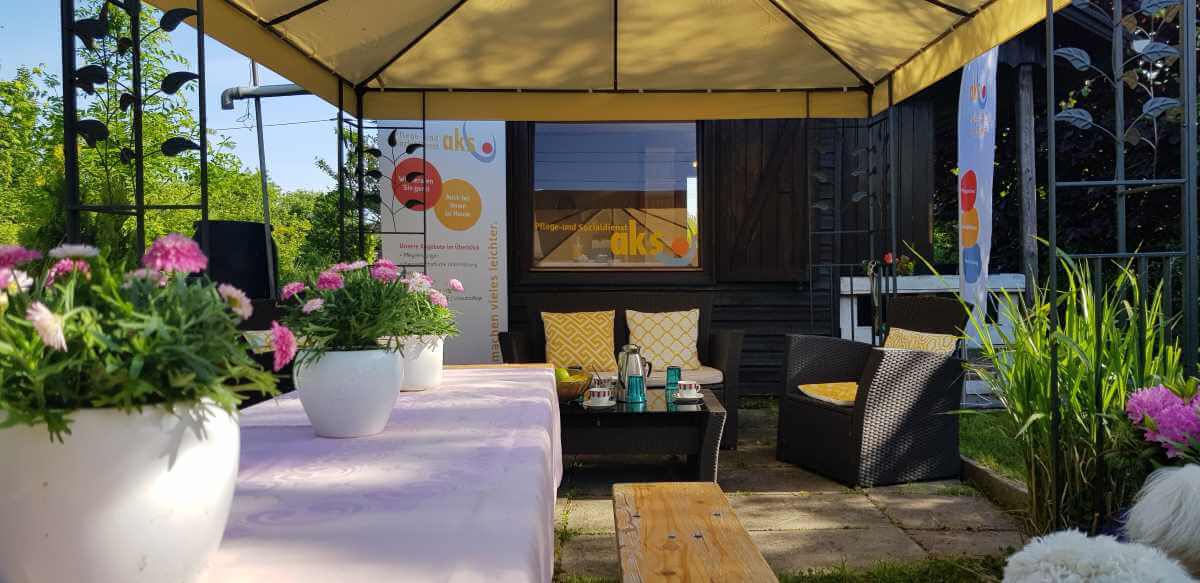 Garden with gazebo, seating area with cushions, white flowers blooming in a blue pot, and white dog with purple collar